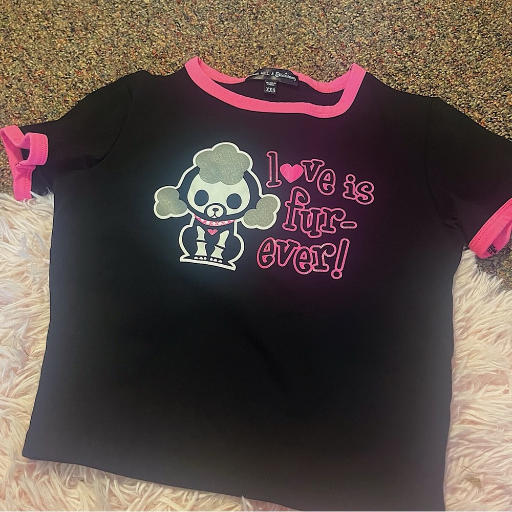 Skelanimals x Dolls Kill Pink and Black Glitter Ringer Baby Tee Sz XXS